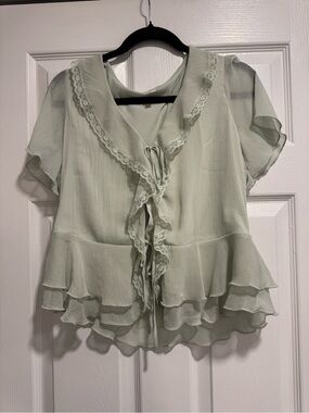Delicate Lace-Trim Ruffle Blouse - Light Sage Green